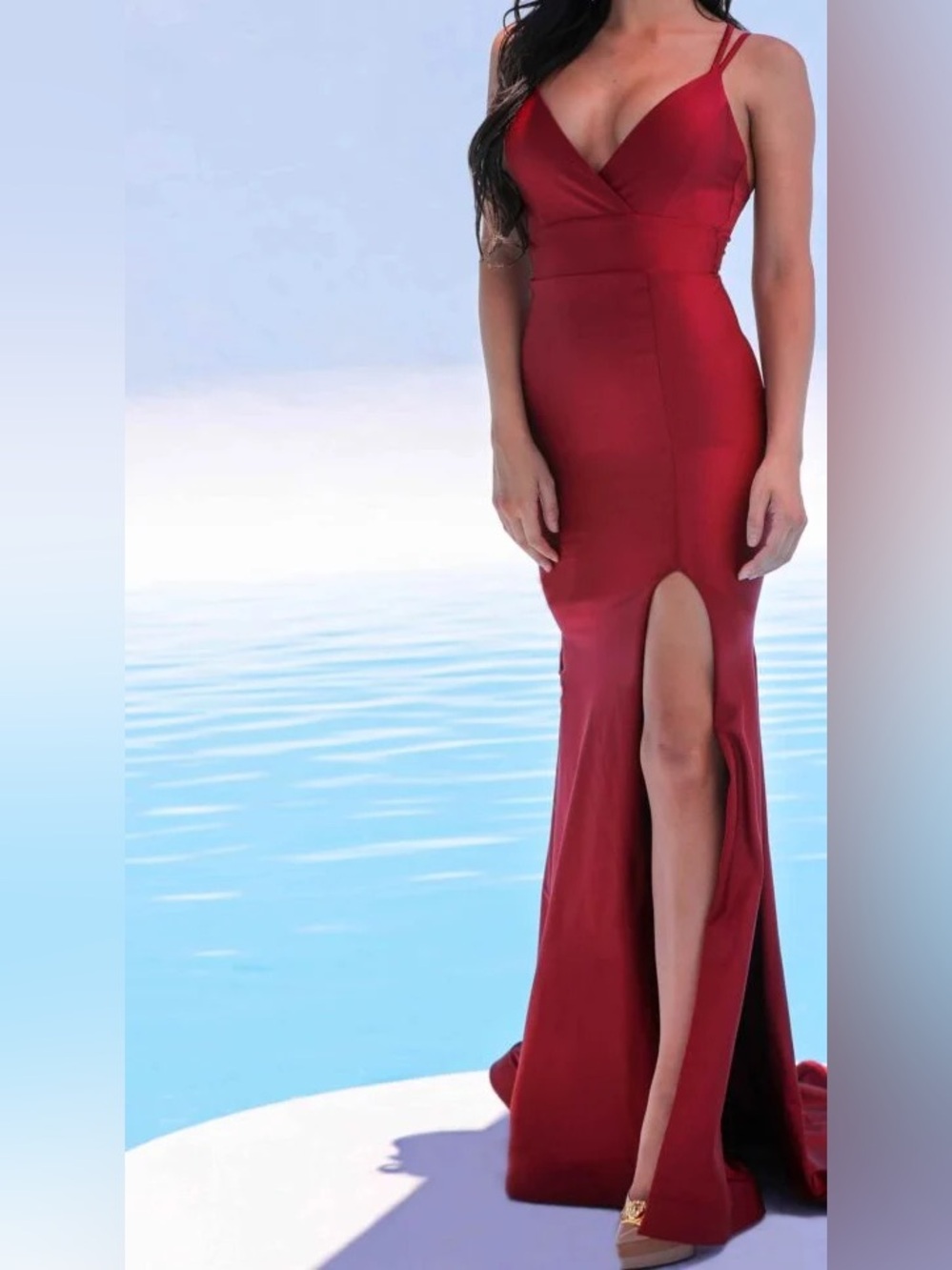 Beet Red Spaghetti-Strap Prom Gown with Front Slit